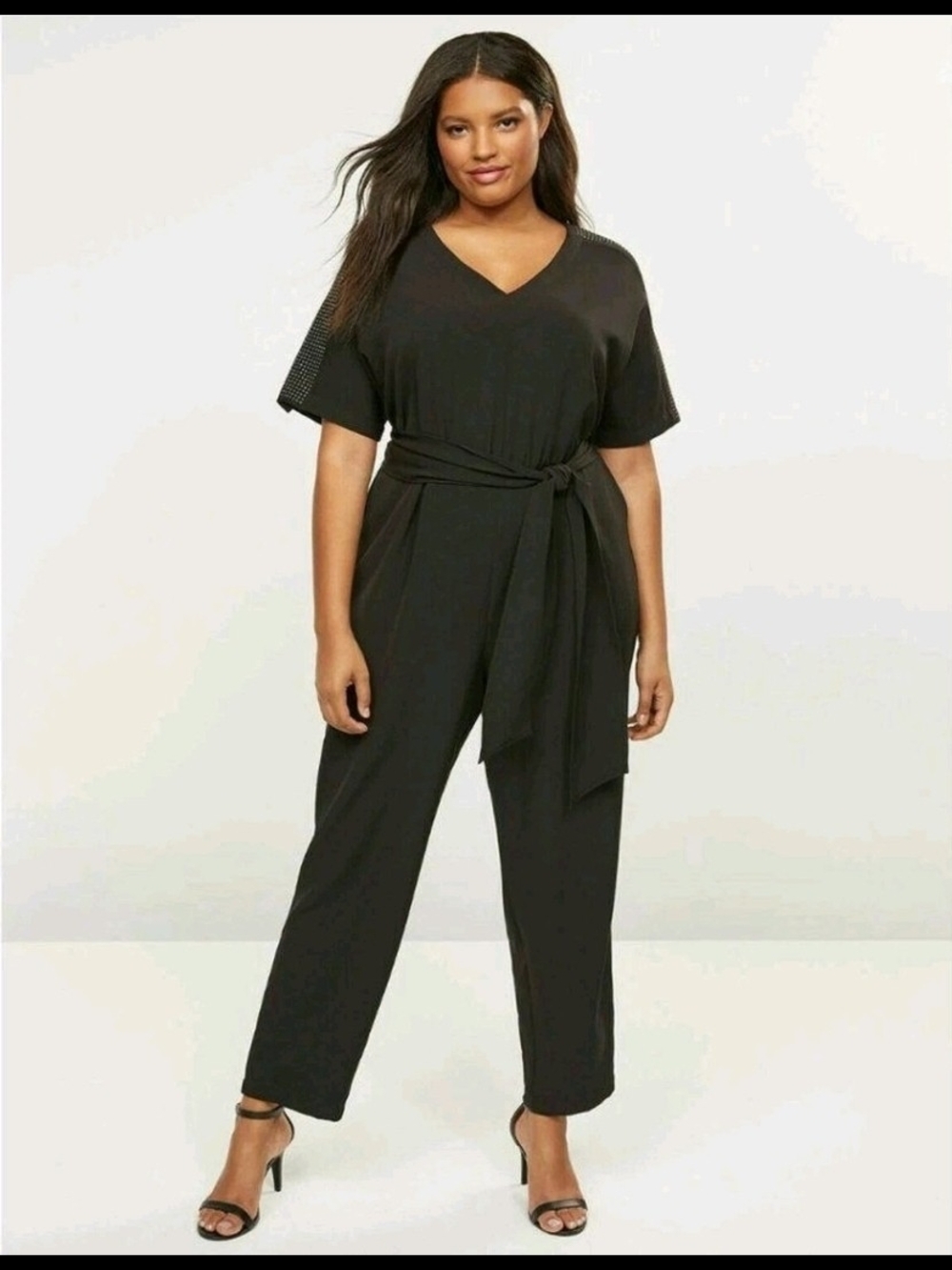 Lane Bryant Black V-Neck Tie-Waist Jumpsuit with Short Sleeves